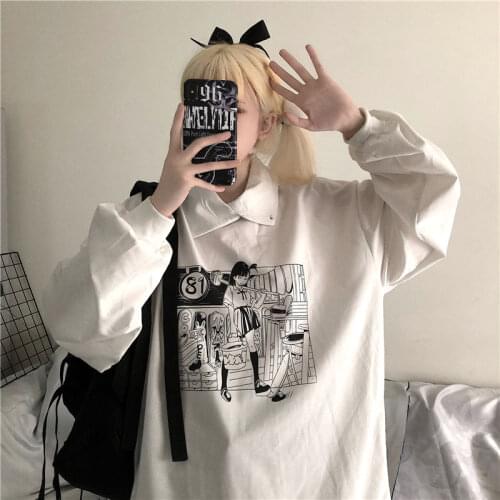2021 New Spring Women Hoodies Korean fashion style Cartoon print harajuku Turtleneck Pullover Long sleeve Loose female tops