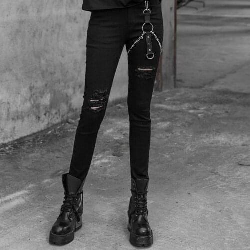 PUNK RAVE Womens Punk Metal Denim Streetwear Style Chains Decoration Handsome Personality Broken Hole Skinny Pants