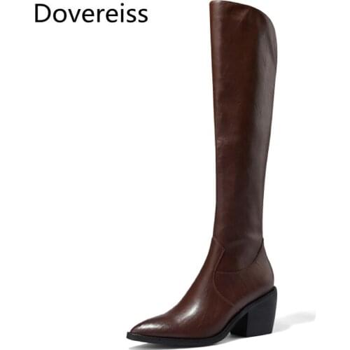 Dovereiss Fashion Womens Shoes Winter new Elegant Pointed toe Zipper leather Chunky heels Knee high boots Concise Mature 34-43