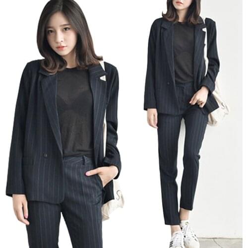 Two-piece womens spring and autumn long-sleeved striped casual temperament OL career suits (jacket + trousers)