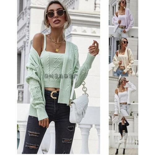 Knitted Streetwear Short Cardigan Womens Suspender Jacket Sweater Casual Slim Autumn and Winter Sweater Jacket Two-piece Suit