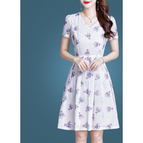 White Dress Summer New Style Temperament Lavender Print Lady Gentle Skirt Age Reducing Womens Cocktail Dresses 9060