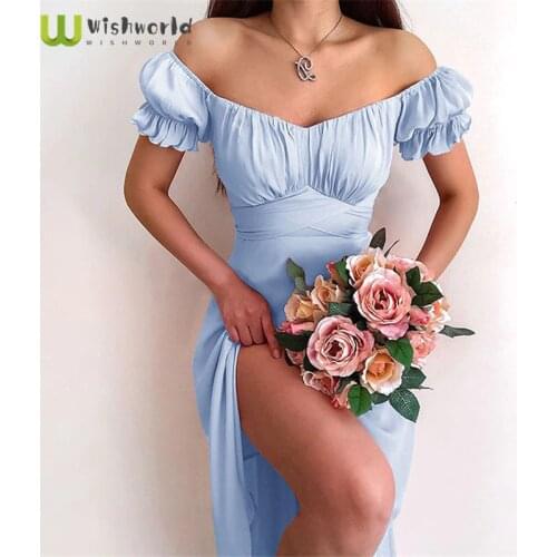 Wishworld One Shoulder Bubble Sleeve Pleated Elegant Solid Color Dress Fashionable Woman Summer Sundress Popular Party Dress