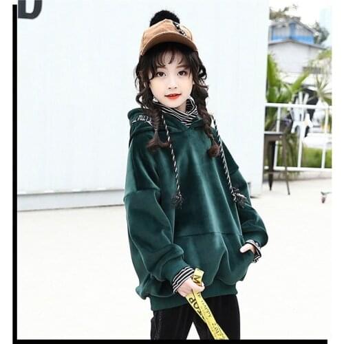 Girls Winter Clothes Hooded Velvet Thick Sweatshirt Mock Two-Piece Kids Fashion Top