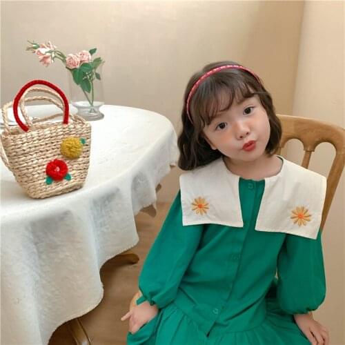 2021 Girls clothes long sleeve green colour baby dress embroidered floral [pattern collar toddler dresses