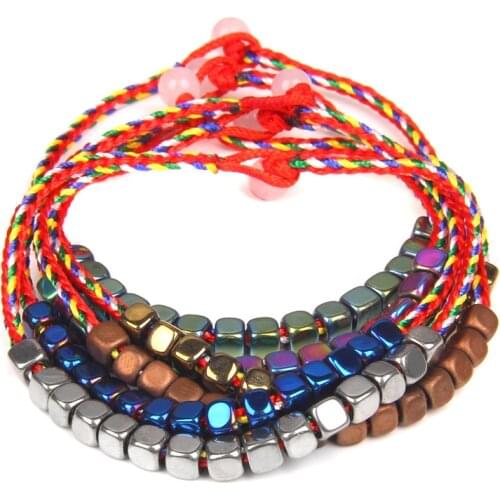 Multicolor Cube Hematite Bracelet Square Beads Colorful Rope Braided Bracelet Weight Loss Yoga Bangle Women Men Health Jewelry