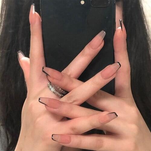 Black Border Wear Long False Nail Full Cover Wearable Coffin Fake Nail Matte