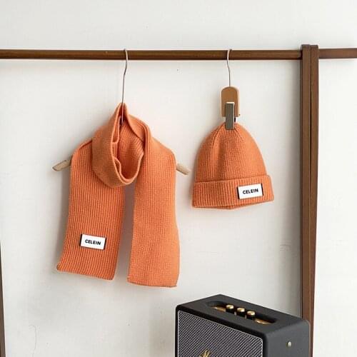 Children Hat Scarf Two Piece Sets Of Pure Color Warmth Knitted Hats For Boy Girl Label Casual Beanies Bonnet 1 2 3 4 5 Years