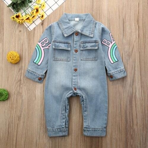 Cute Infant Baby Boy Kid Clothes Giraffe Denim Fabric Romper Autumn Long Sleeve Clothes Top Jumpsuit 3-18M