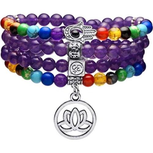 FYJS Unique Silver Plated Lotus Flower with 6 mm Amethysts Stone Round Beads 3D Symbol Bracelet Hand Black Agates Jewelry