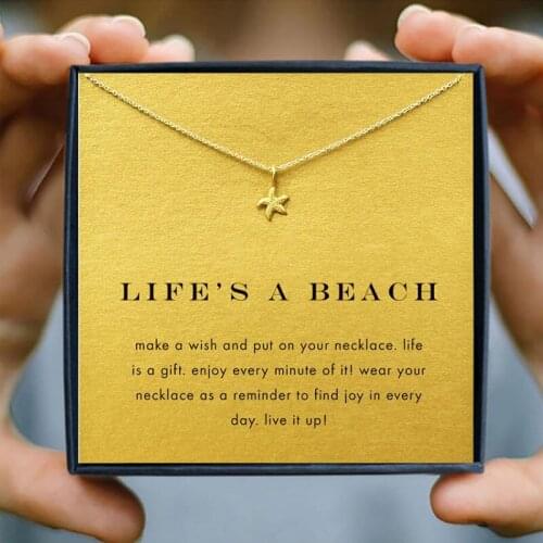 Icareu New Golden Color Starfish Necklace Life Is A Beach Korean Jewelri Star Clavicle Short Chain Bohemia Gift Box For Women