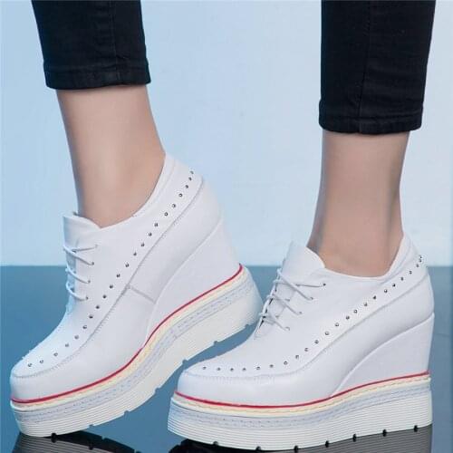 Punk Trainers Women Genuine Leather Wedges High Heel Platform Pumps Shoes Female Lace Up Round Toe Fashion Sneakers Casual Shoes