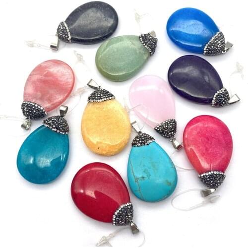 1pcs Natural Stone Pendant Inlaid Diamond Colorful Charm DIY Women Necklace Accessories Jewelry Making Supplies Water Drop Shape