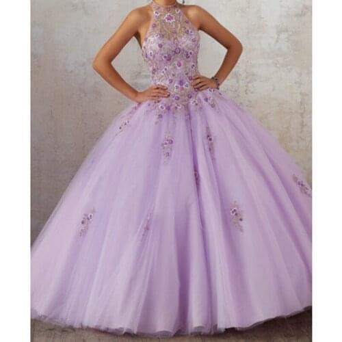 Lavender Ball Gown Quinceanera Dresses Illusion Bodice Embroidery Tulle Sequins Prom Dresses Elegant Sweet 16 Dresses