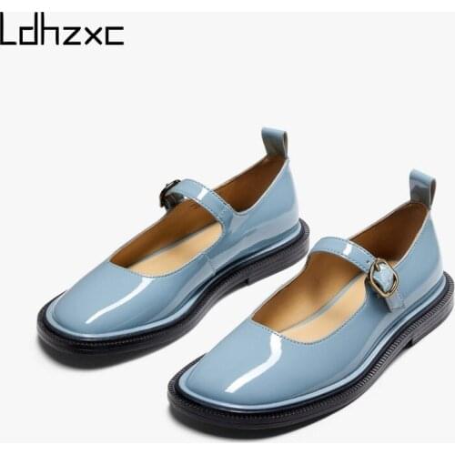 LDHZXC 2021 New Black Low Heels Shoes Women Pumps Fashion Patent Leather Platform Shoes Woman Round Toe Mary Jane Shoes Mujer