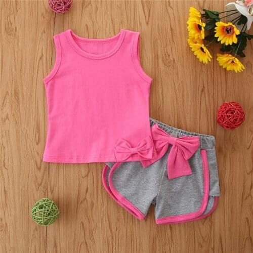 Summer 2021 Girls Sportswear Fashion Vest Bow And Shorts Kid Two Piece Set Korean Casual Baby Clothes Suit New Children