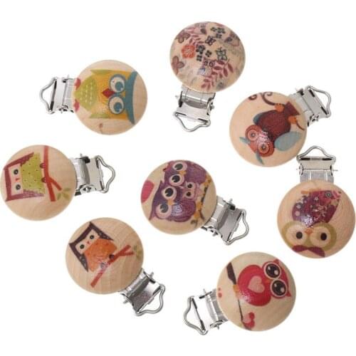 LF 5Pcs Owl Wooden Metal Baby Pacifier Clips Solid Color Holders Cute Infant Soother Clasps Holders Accessories Diy Tool