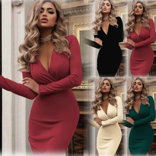 Fashion Women Long Sleeve V-Neck Dress Ladies Solid Color Sheath Bodycon Gown Party Cocktail Club Dress Plus Size 2XL Clothes