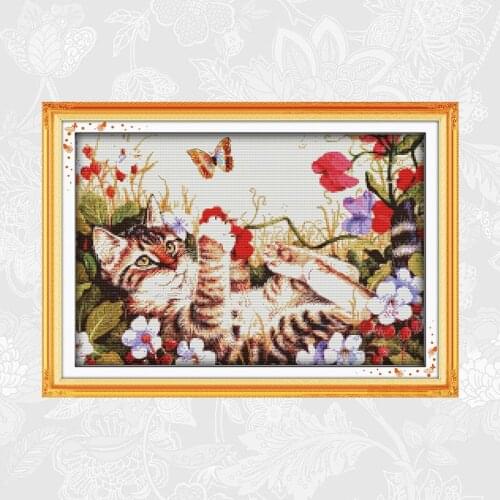 Leisure Cat Printed Aida Canvas Cross Stitch kits, DMC Thread Accessory Needlework Set, Cross-stitch Embroidery Paintings