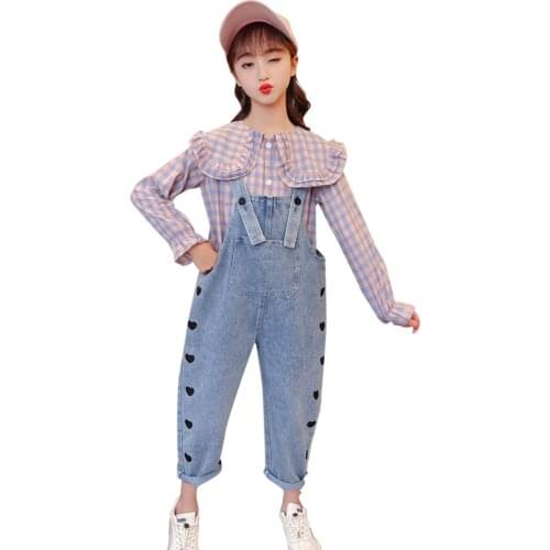 Clothes For Girls Heart Jumpsuit + Blouse Tracksuits For Girls Plaid Pattern Clothes For Girls Casual Style Tracksuit Kids 6 8 1