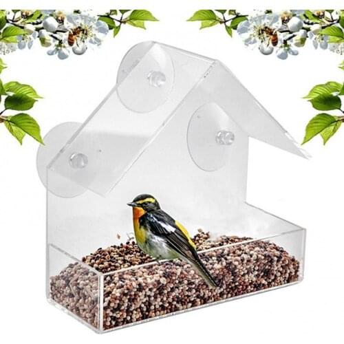 2021 Transparent Acrylic Window Bird Feeder Strong Suction Cup Hanging Cage House White Plastic Large Capacity Bird Food Storage