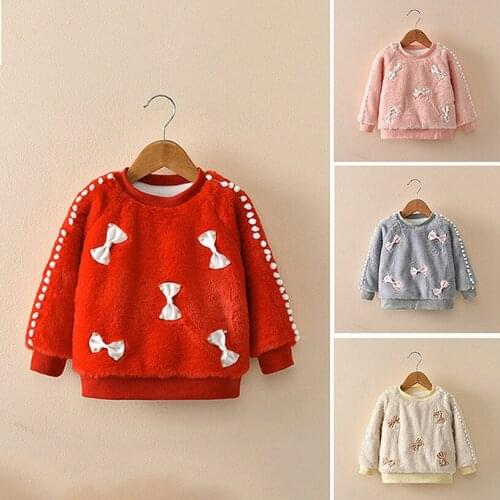 Baby Girls Thickening Pullover Sweater 0-6 Years Kids Winter Long Sleeve Coral Velvet Cute Bowknot Sweater Mobile Phone Straps