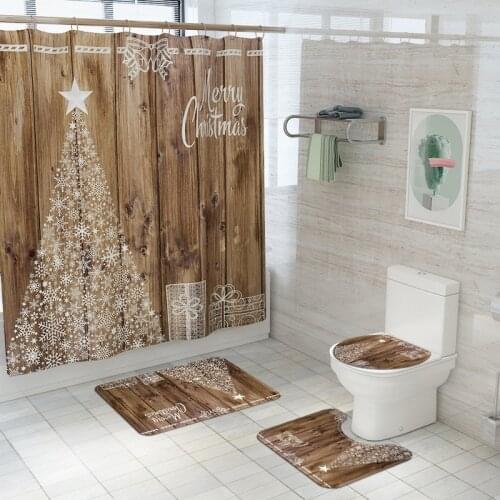 Merry Christmas Shower Curtains Bathroom Curtains Set Toilet Cover Anti Slip Rugs Bath Mats Happy New Year Festival Decoration