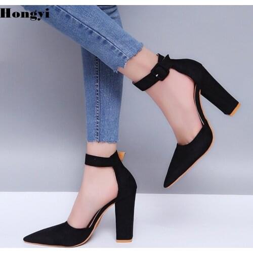 Hongyi 2018 spring Ankle Wrap retro fashion high heels pointed toe Shoes shallow footwear women pumps