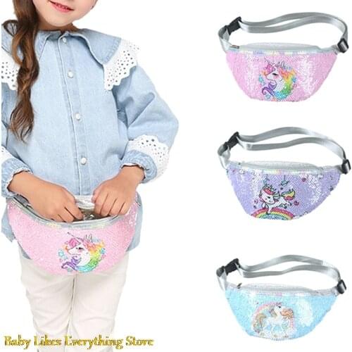 Cute Unicorn Fanny Pack Shiny Sequins Childrens Shoulder Belt Bags Kids Phone Pouch Cartoon Unicorn Waist Bag For Kids Girls