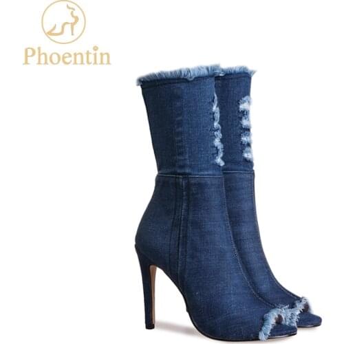 Phoentin peep toe denim boots women super high thin heels broken hole zipper girls boots blue rough selvedge shoes women FT177