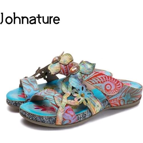 Johnature Slippers Women Shoes 2021 New Summer Genuine Leather Hand-painted Outside Slides Handmade Concise Ladies Slippers