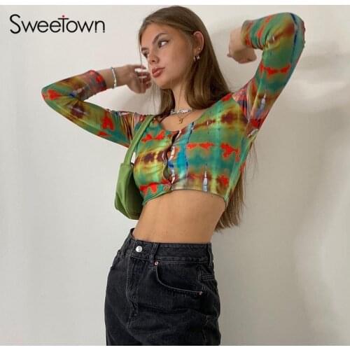 Sweetown Tie Dye Print Y2K Cardigan T-Shirts Women Button Up V Neck Vintage Cute Baby Tee Long Sleeve Aesthetic Autumn Tops Crop