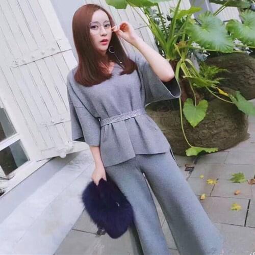 Womens sweater set spring and summer new fashion loose large size wide-leg pants ice silk knitting set two-piece women