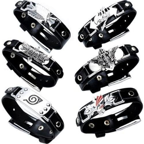 10PCS/Lot Anime Attack on Titan One Piece Logo Leather Bracelet LOL Fairy Tail Adjustable Size Bracelet Nice Kids Gift Jewelry