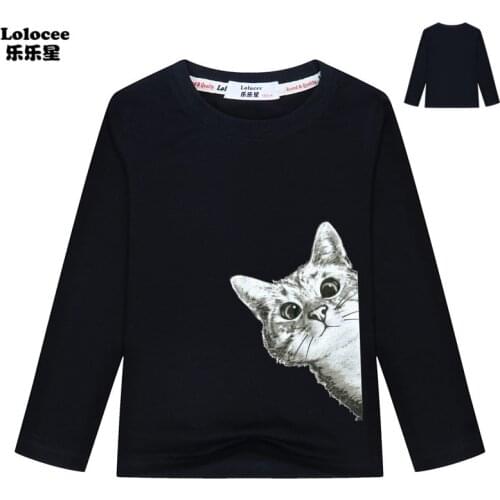 2021 Cute Sneaky Cat T shirt Children Kids Cartoon Top Little Boy Girl Long Sleeve Funny Cat Basic Tee Casual Clothes