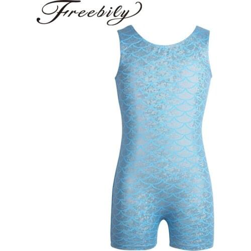 Kids Girls One-piece Sleeveless Ballet Dance Gymnastics Leotard Glittery Scales Printed Ballet Leotard Jumpsuit Unitard SZ 5-14