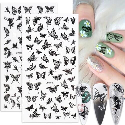 Black And White 3d Butterfly Nail Stickers New Black White 3d Transfer Decals Nail Foils Rose Flower Fairy Nail Art Sticker