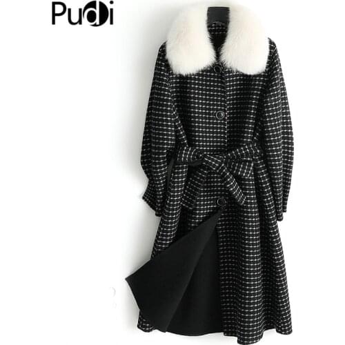 Women Real Wool Lattice Fabric Fur Coat Lady Fox Fur Collar Leisure Fall/Winter Fur Long Jacket Trench ZY19151