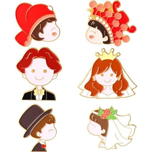 Chinese and Western Wedding Enamel Pins Custom Bride and Groom Brooch Lapel Badge Bag Cartoon Jewelry Gift for Couples Friends