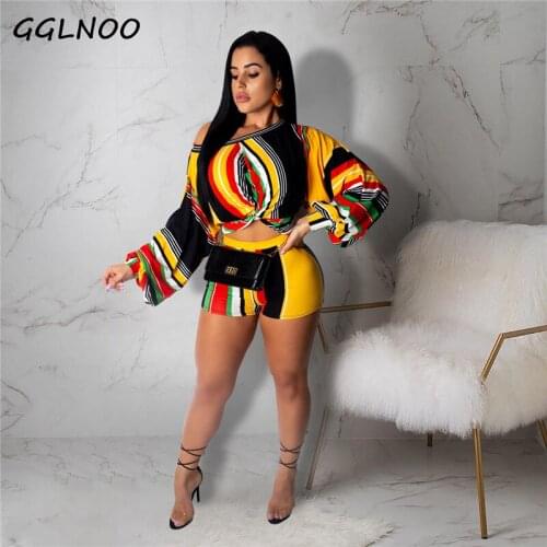 GGLNOO Women Sets Fashion Striped Puff Sleeve Short Top+Shorts Suit Two Piece Set Beach Sexy Playsuit Holiday Boho Tracksuit Set