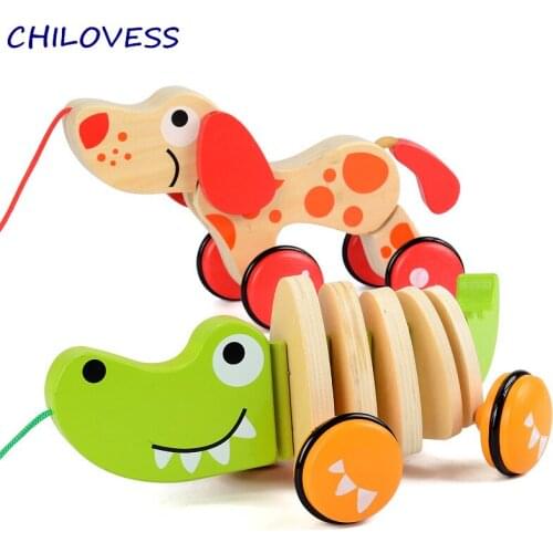 Wooden crocodile dog canine puppy puzzle toy toddler baby walking tails wagging animal Pull car wheel toys Gift for toddler