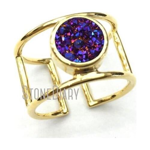 RM12702 Best Seller Double Wrapped Titanium Blue Druzy Crystal Pure Gold Color Circle Ring Copper Ring Sale Adjustable