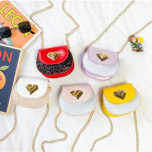 Heart Shaped Sequined Small Handbag Kid Girls Leather Crossbody Purse Shiny Sequin Shoulder Bag with Chain Strap