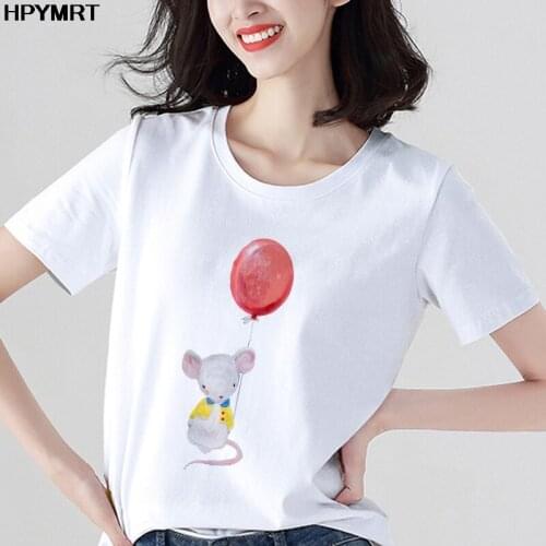 Cute animals with balloons Printed T Shirt women kawaii Personality O-neck t-shirt New summer Harajuku Casual tshirt Top Clothes