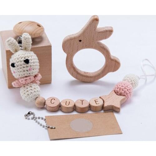 NEW 1PC Baby Wooden Pacifier Chain Clip Customizable Silicone Wooden Teether Bpa Free Personalized Baby Wooden Teething Ring Toy