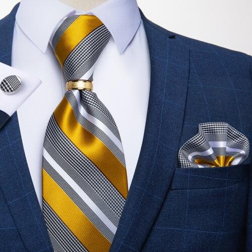 Luxury Yellow White Striped Silk Woven Ties For Men Classic Business Wedding Party Necktie Pocket Square Ring Set DiBanGu
