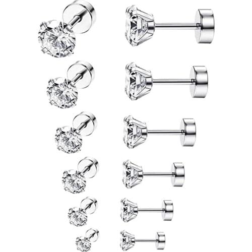 Crystal CZ Gem Ear Stud Earring Round Zircon For Men and Women Gothic Street Pop Ear Jewelry Stainless Steel 3mm 4mm 5mm