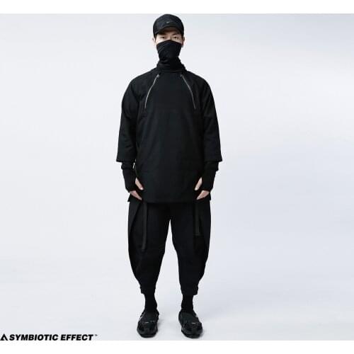Symbiotic effect sweatshirt shorted sleeve double zipper black with army green parts techwear aesthetic streetwear harajuku