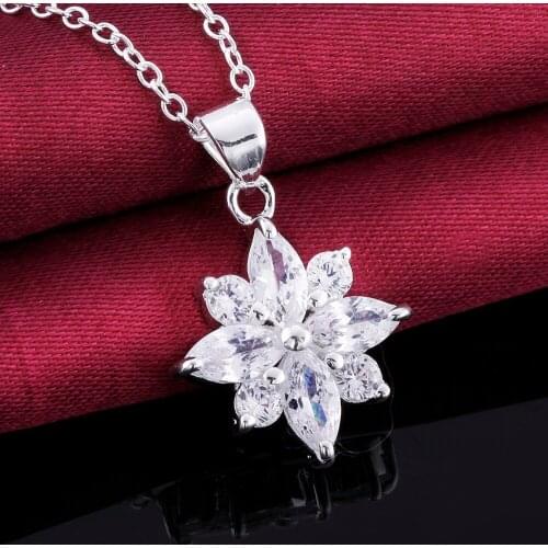 M925 sterling Silver color crystal jewelry, long chain pendants and necklaces flower white zircon Silver color necklace N581