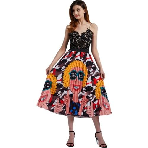 Summer Print Pleated Skirt Womens Boho Casual Mid-length Skirt Y2K Floral High-waist Elegant A-line Beach Party Skirt Jupe